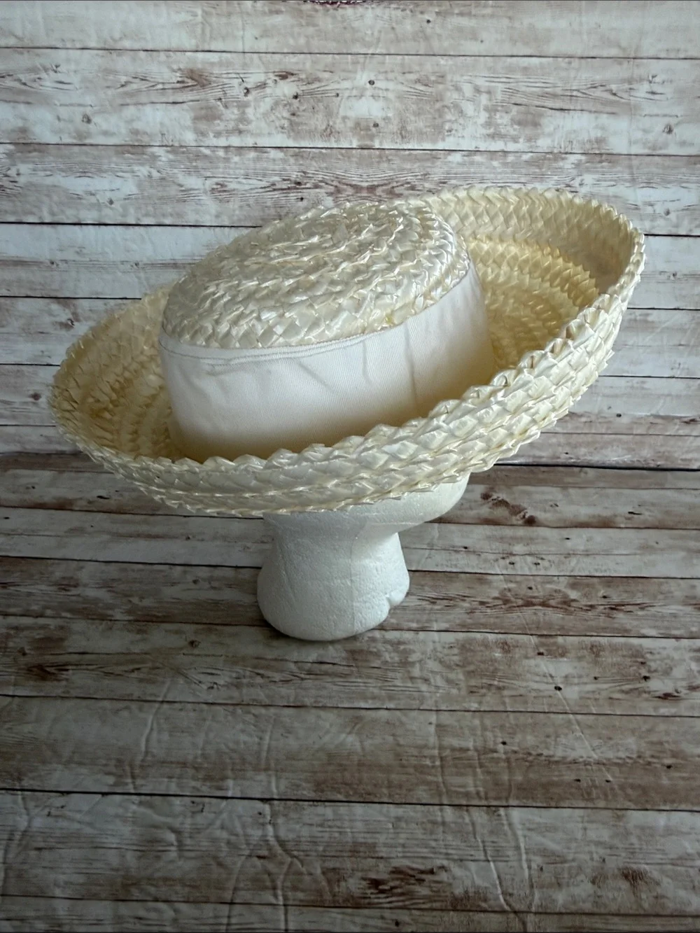 Vintage Cream Braided Straw Tilt Hat Breton-Style Straw Hat 1950's 1960's - Picture 6 of 9